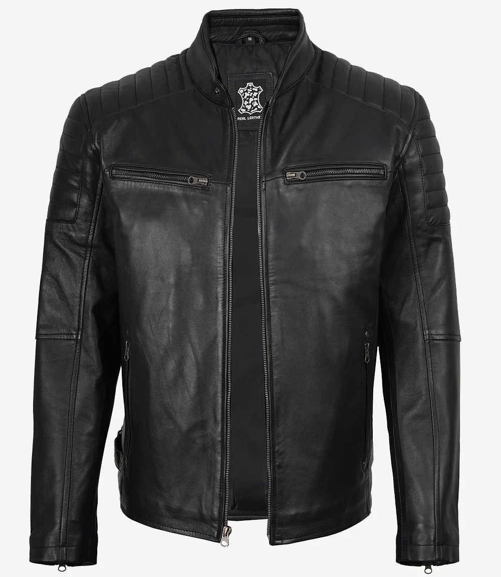 Men's Black Cafe Racer Style Leather Jacket | Padded Shoulders