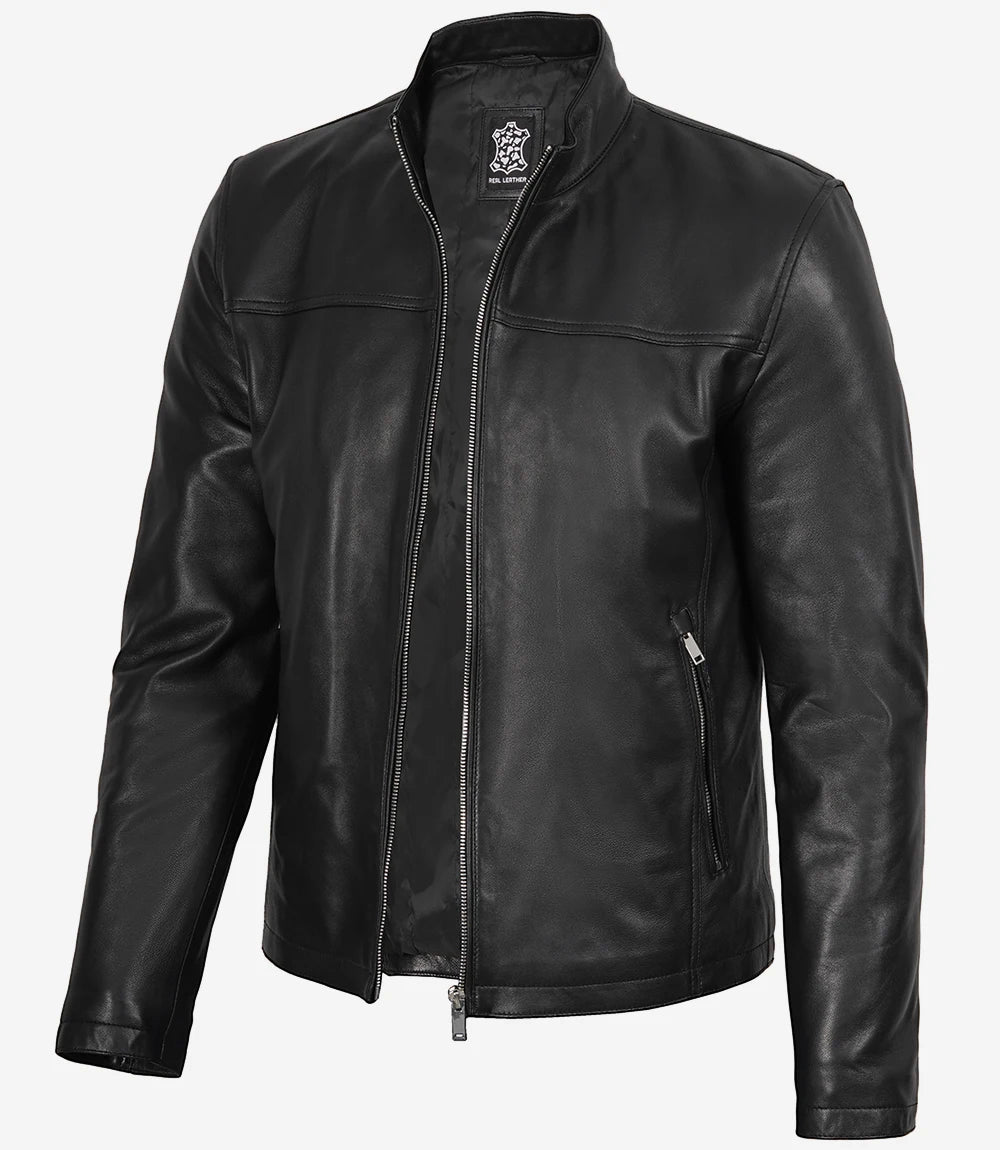 Men's Black Lambskin Cafe Racer Bomber Jacket - Front