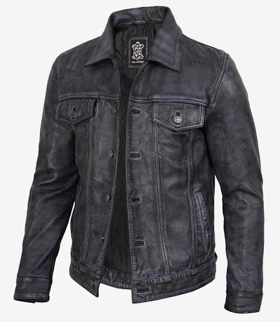 Men’s Black Distressed Real Leather Trucker Jacket