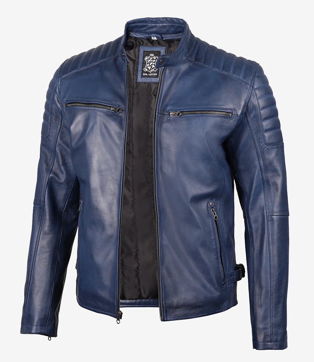 Men's Blue Quilted Lambskin Cafe Racer Jacket - Front