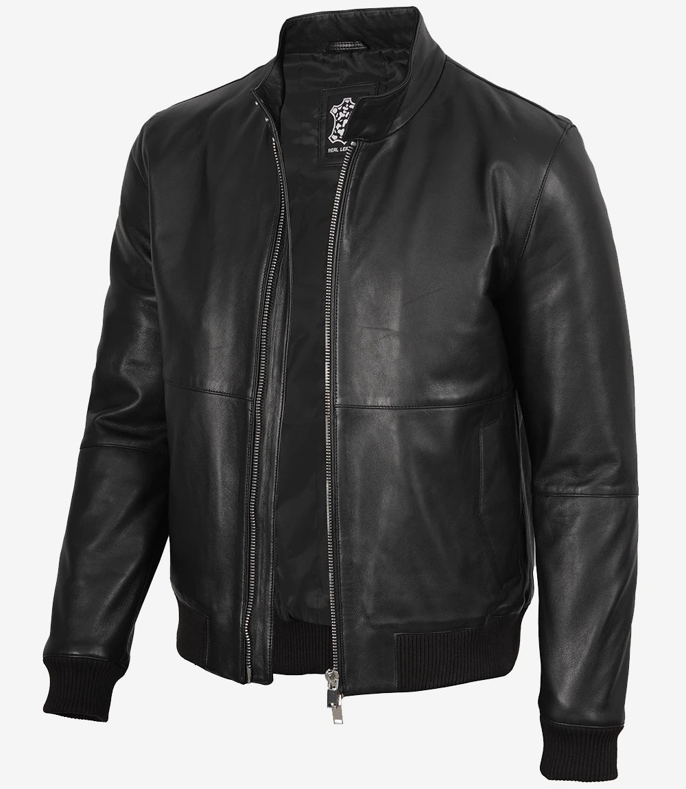 Men's Black Semi-Aniline Lambskin Leather Bomber Jacket - Front