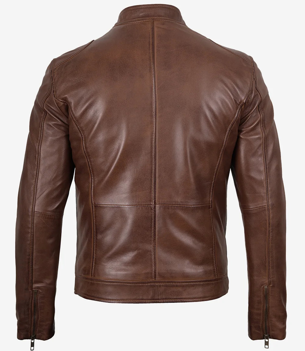 Men's Cognac Brown Cafe Racer Lambskin Leather Jacket – Decrum