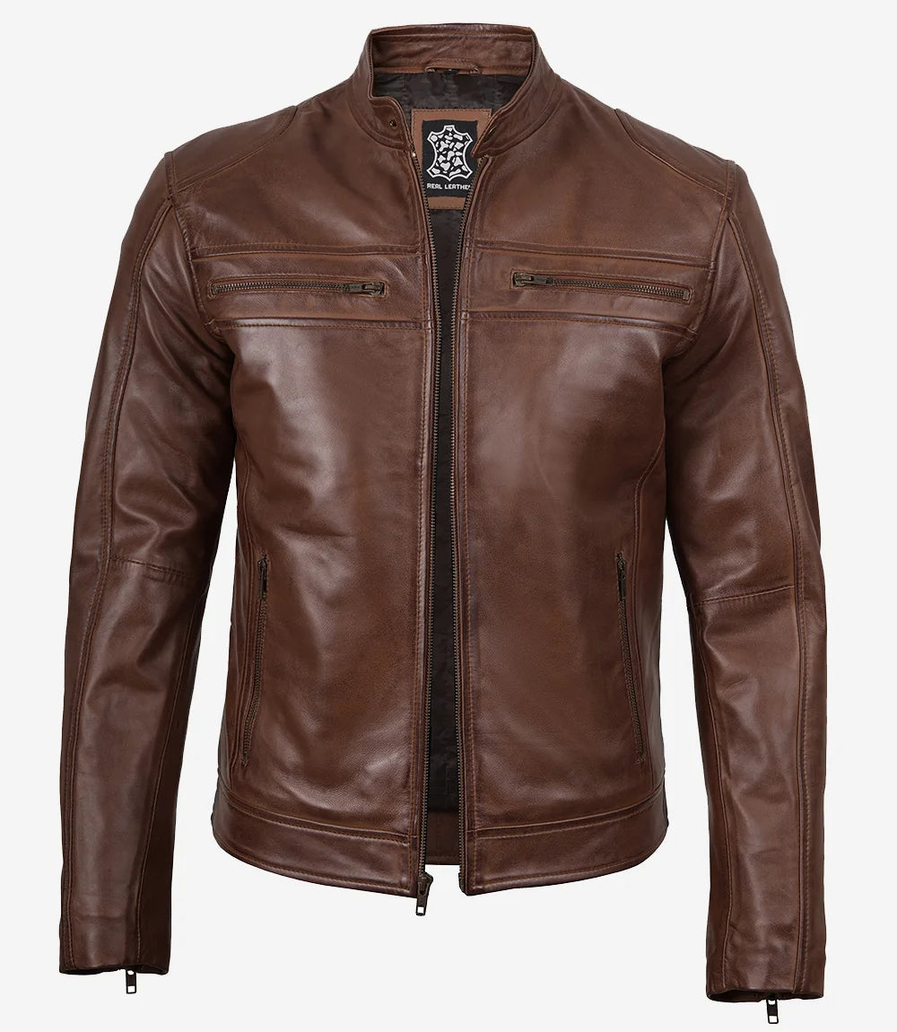 Men's Cognac Brown Cafe Racer Lambskin Leather Jacket – Decrum