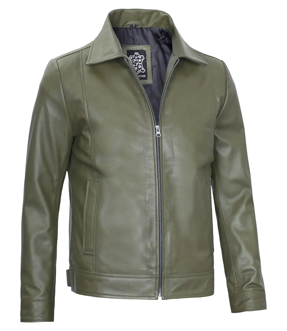 mens green leather jacket harrington