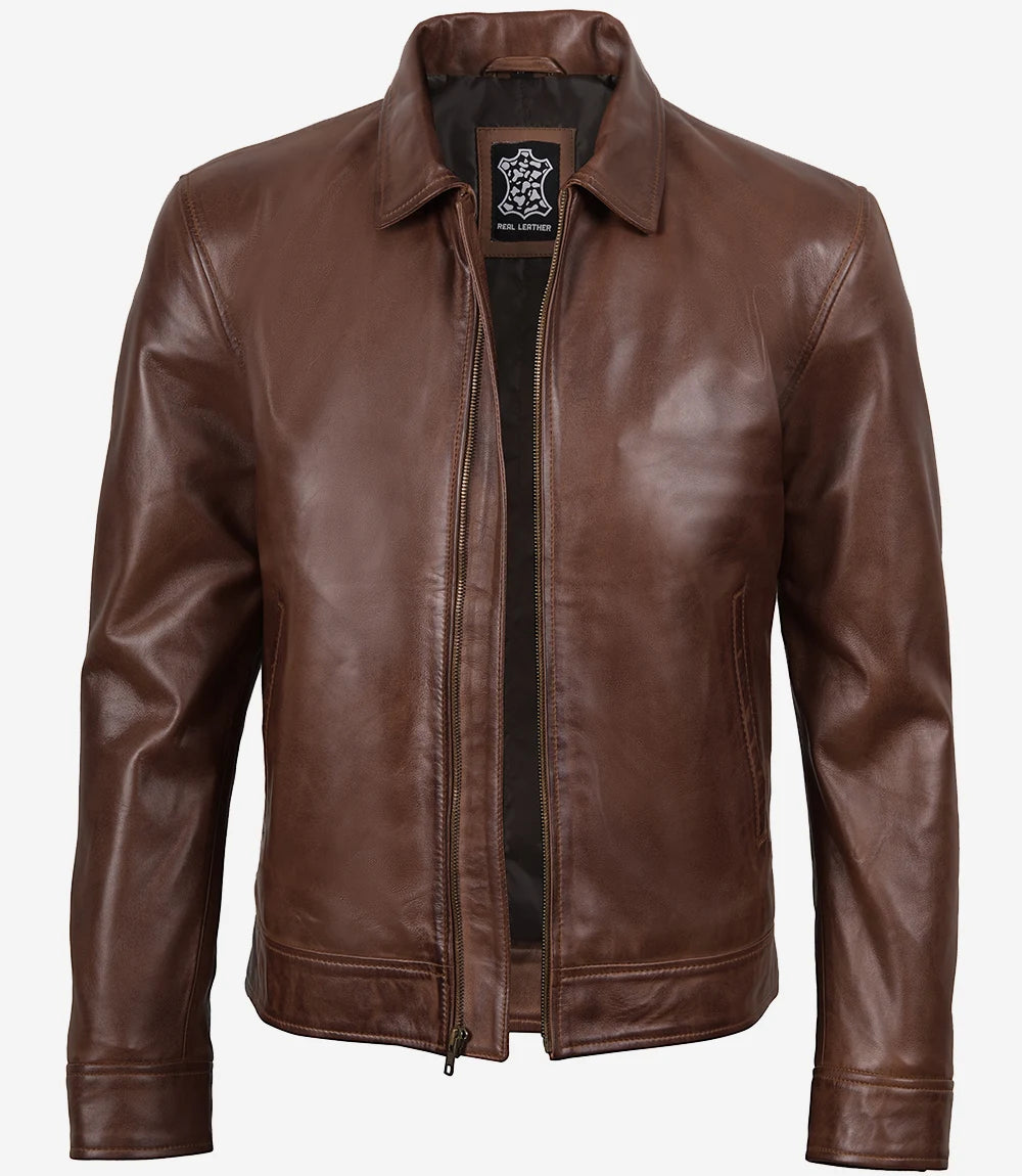 Men's Cognac Brown Lambskin Harrington Leather Jacket - Front