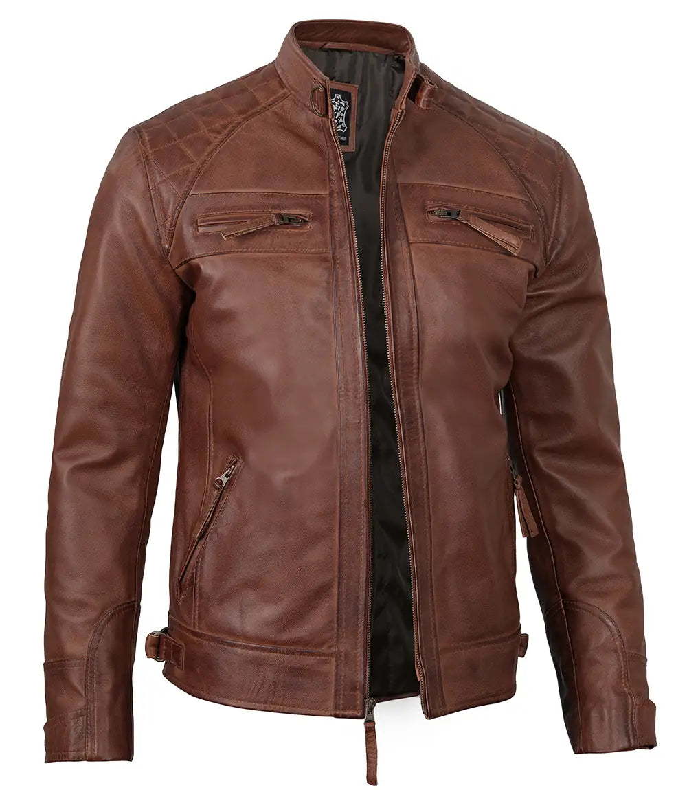 Tall Mens Cognac Leather Jacket – Cafe Racer Jacket – Decrum