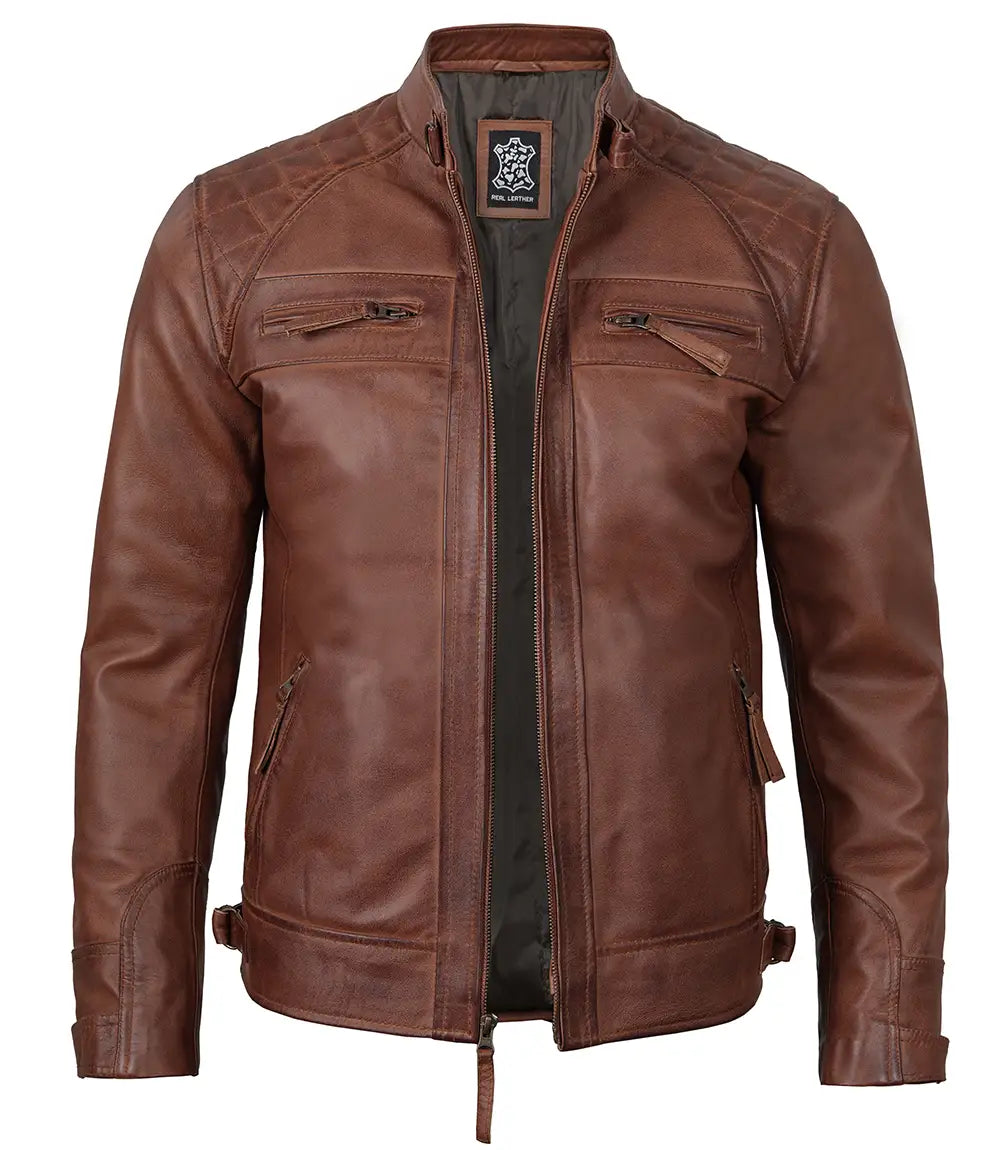 Tall Mens Cognac Leather Jacket – Cafe Racer Jacket – Decrum