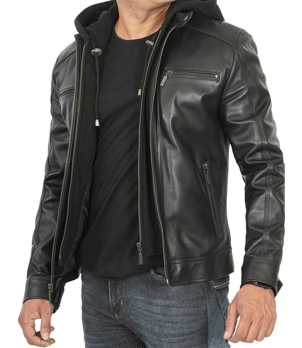 mens black real lambskin leather jacket with hood