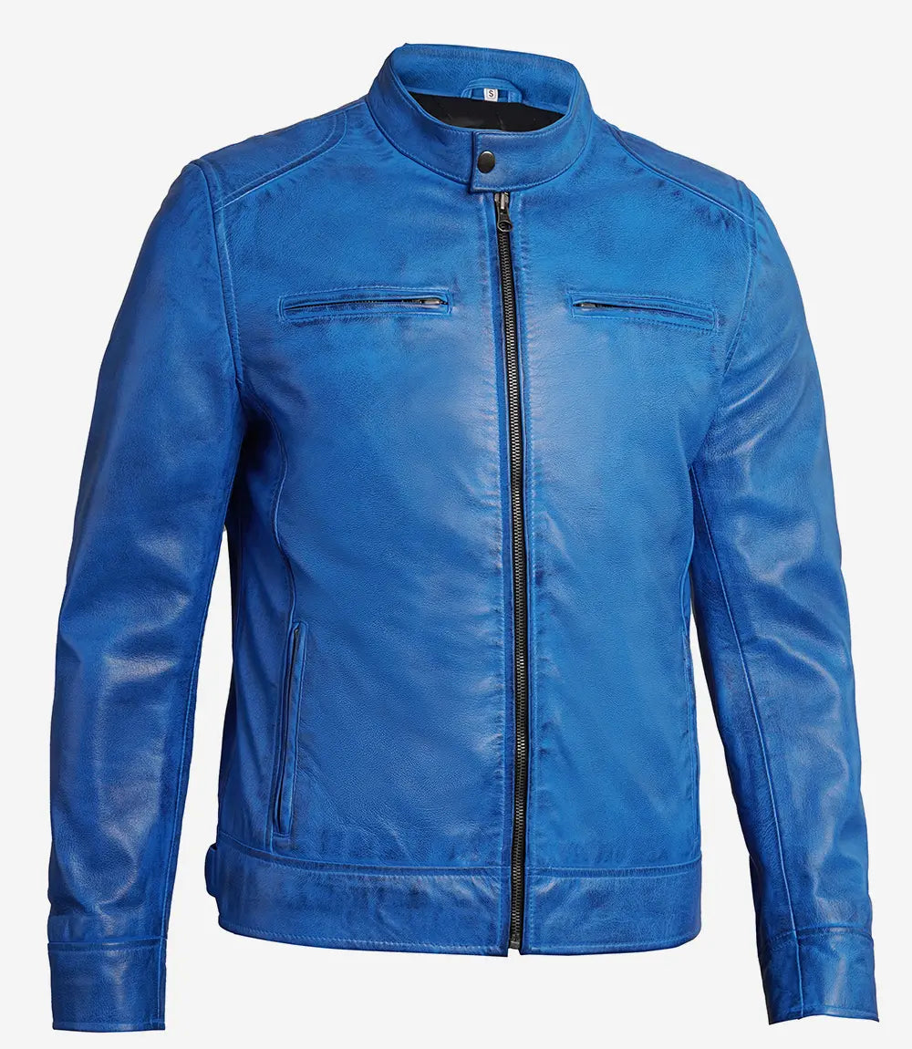 mens blue leather biker jacket