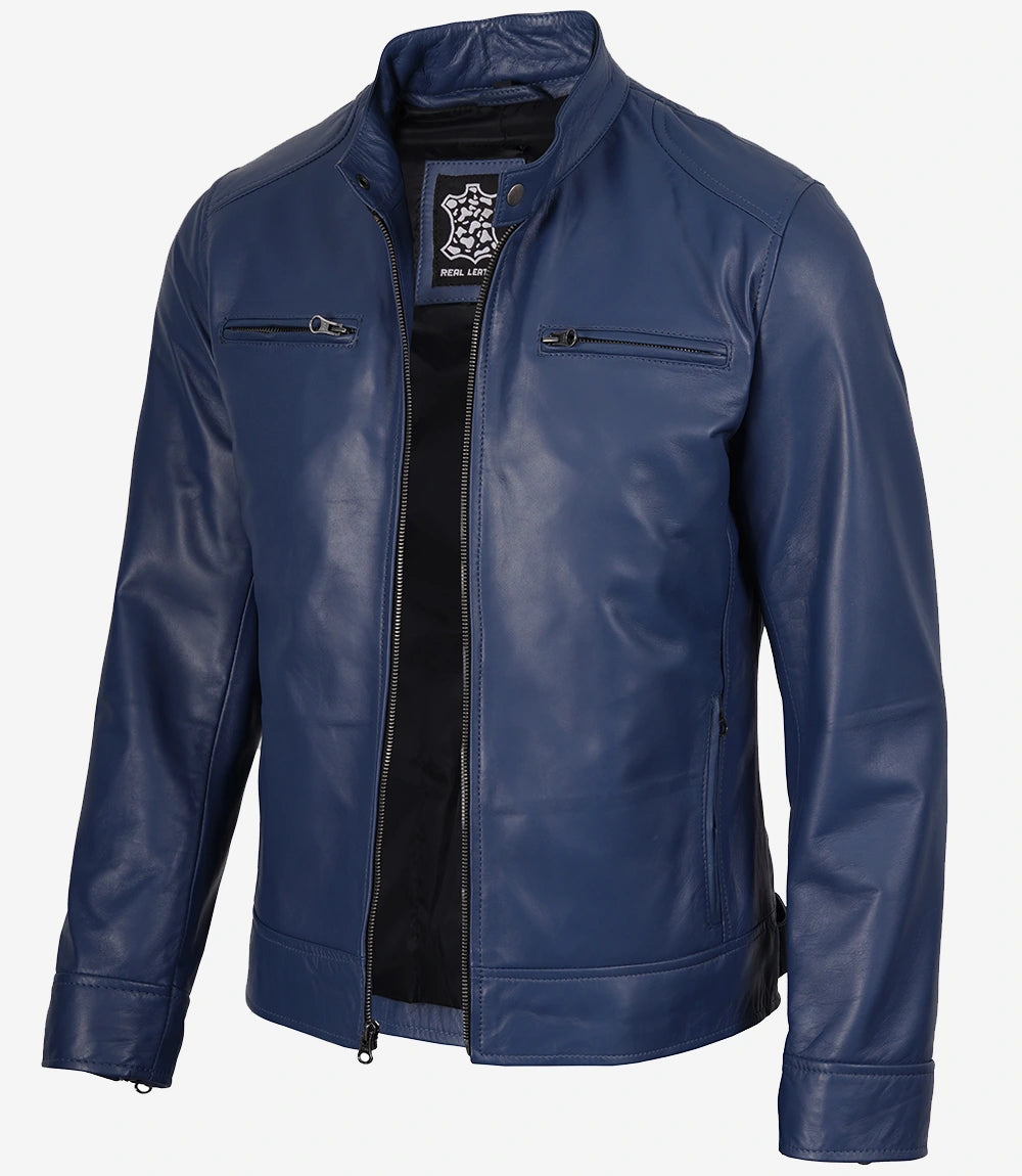 Men's Blue Lambskin Cafe Racer Jacket - Front