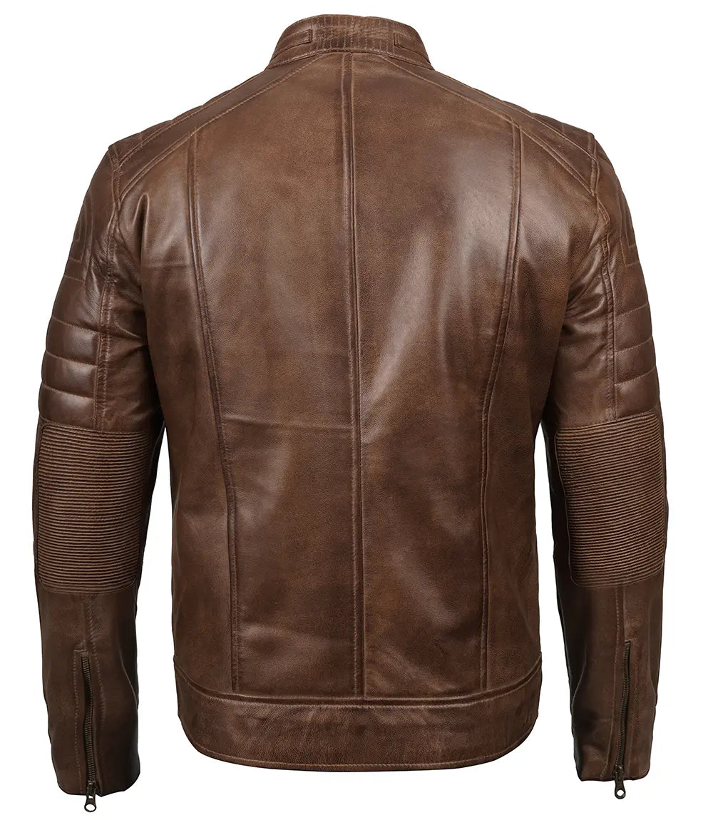 Brown leather jacket shown from the back on a white background.