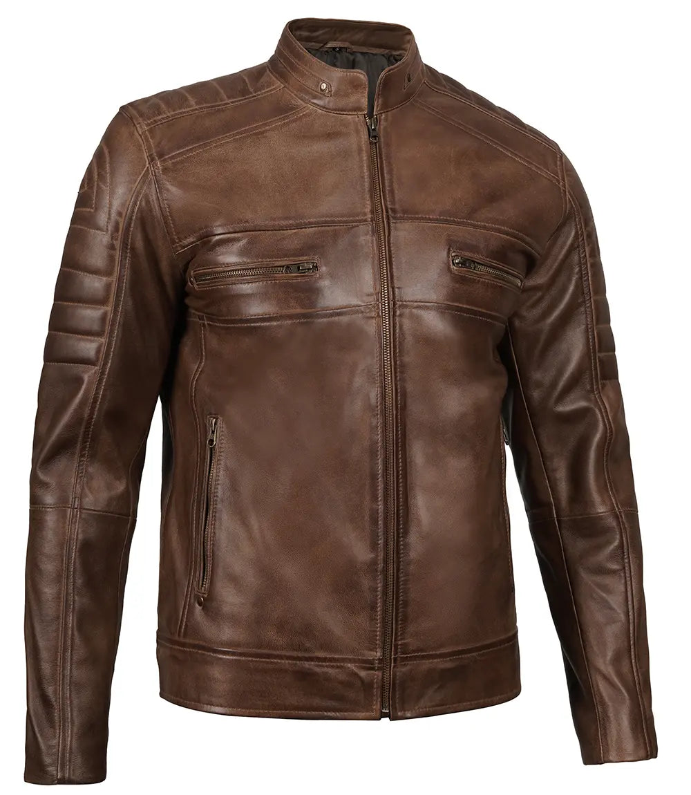 Brown leather jacket on a white background