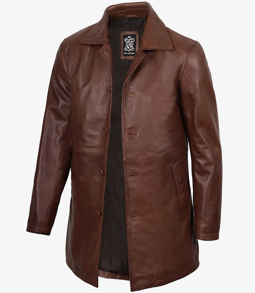 Men's Brown Lambskin Leather Car Coat – 3/4 Length – Decrum