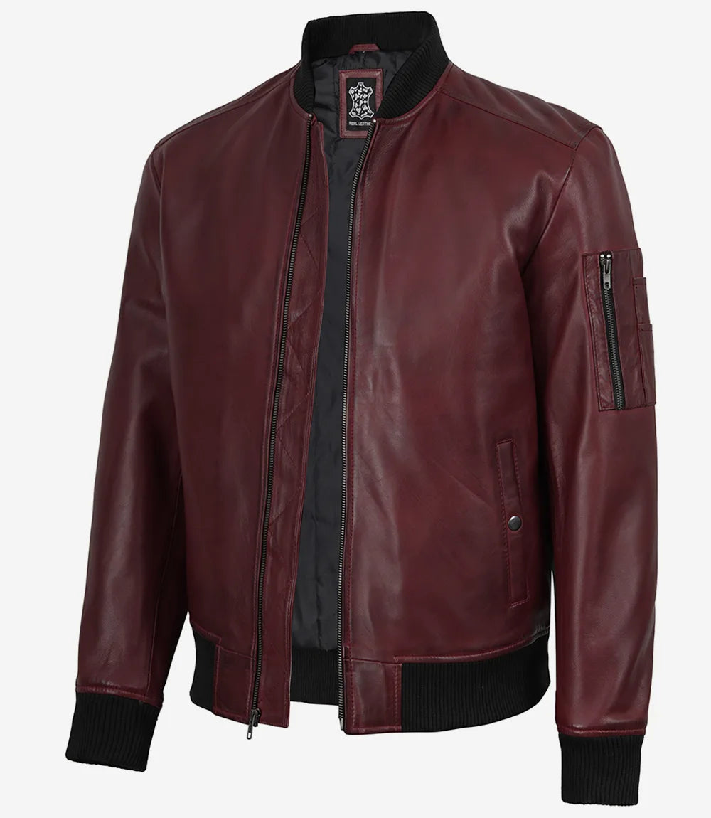 Men's Burgundy Lambskin Leather Bomber Jacket with Wax Finish - Front