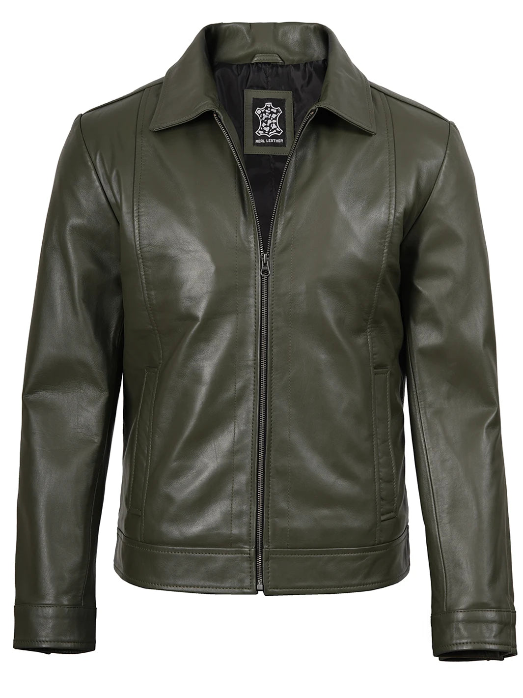mens green leather jacket shirt collar