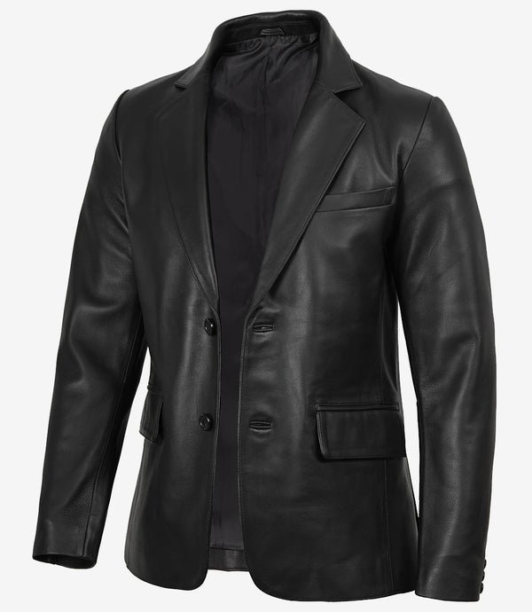 Real Leather Men's Notch Lapel Two Button Black Blazer Jacket