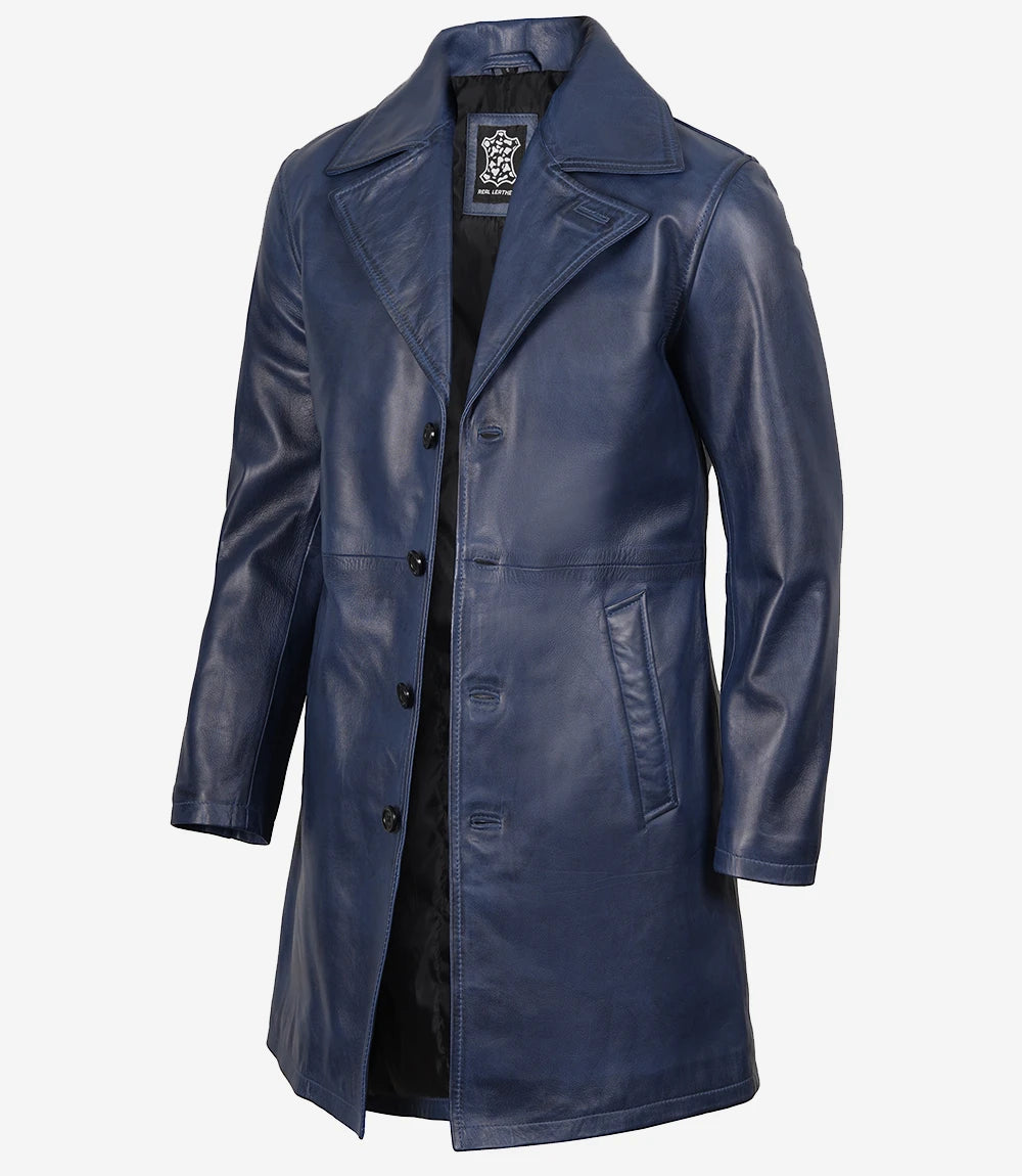 Men's Blue Wax Lambskin 3/4 Length Car Coat - Front