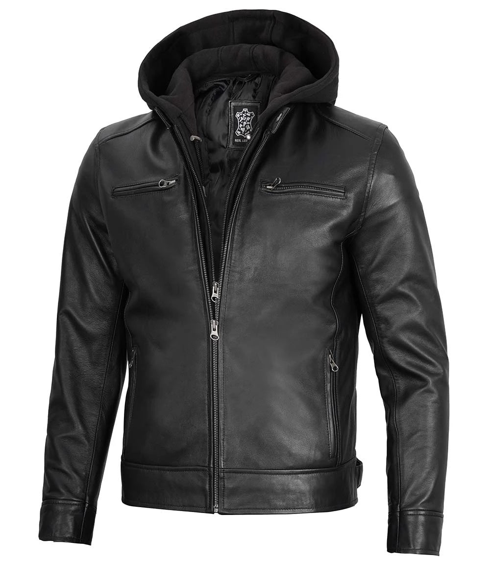 Mens Black Moto Dodge Leather Jacket With Hood Decrum