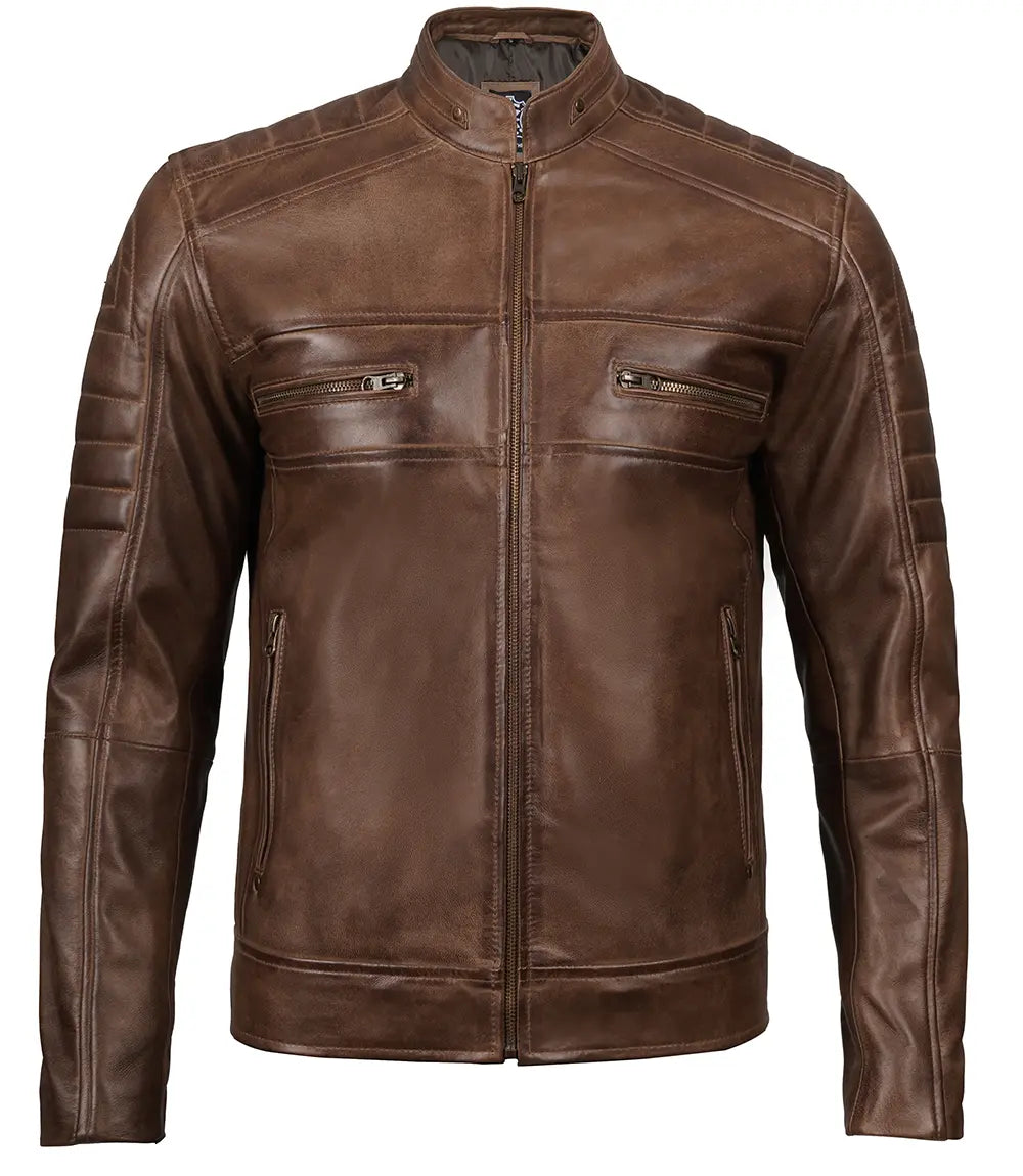 Brown leather jacket on a white background