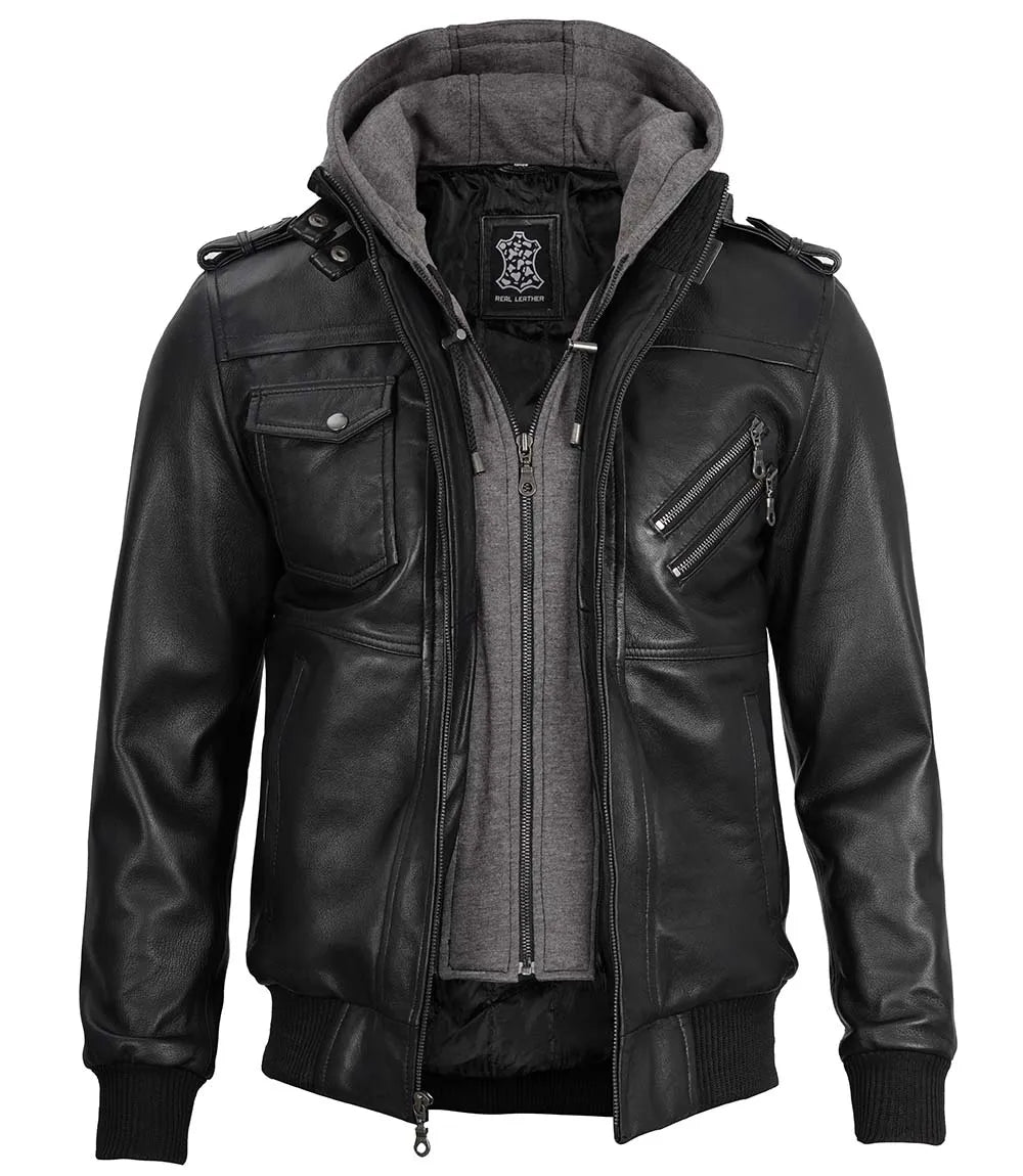 mens leather jacket with removable hood