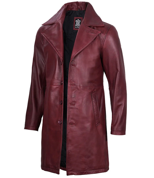 mens maroon leather car coat