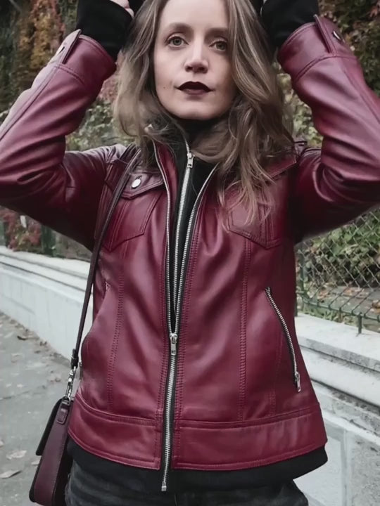 Women Burgundy Leather Jacket with Hood - Real Lambskin – Decrum
