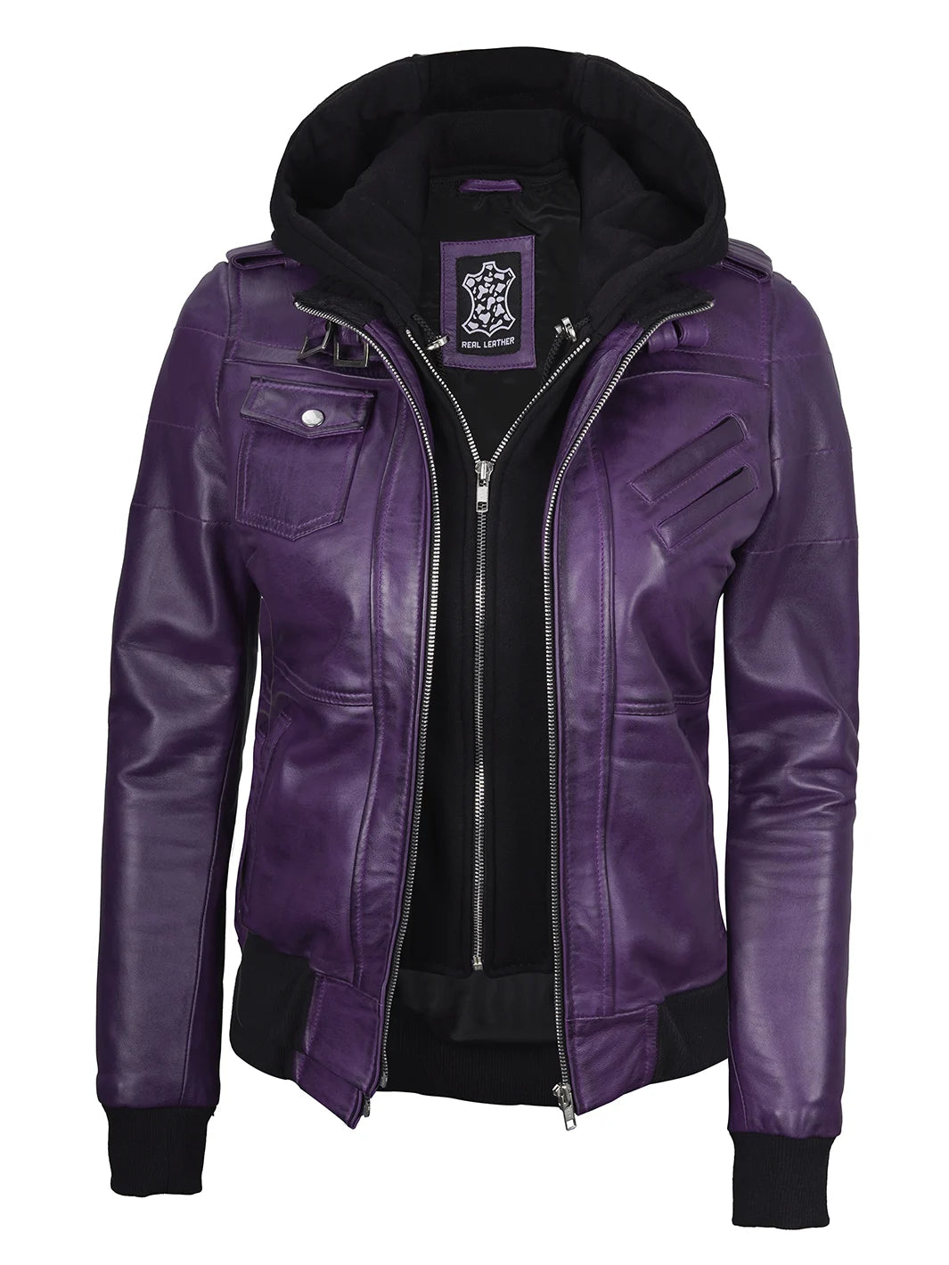 purple leather jacket womens hooded