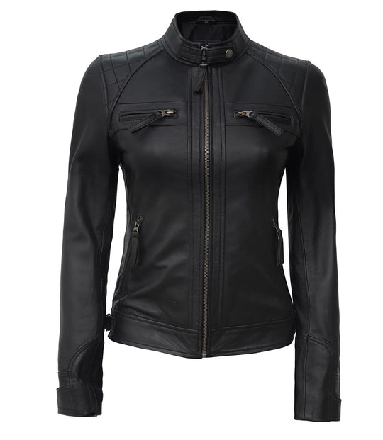 quilted black leather jacket for women 