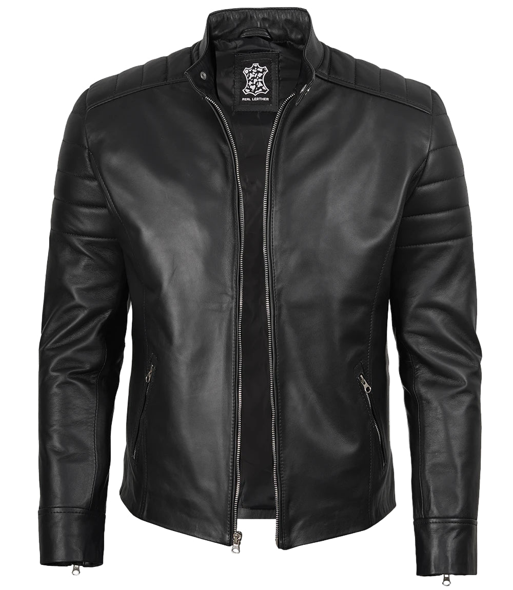 Black leather jacket with a brand logo on a white background