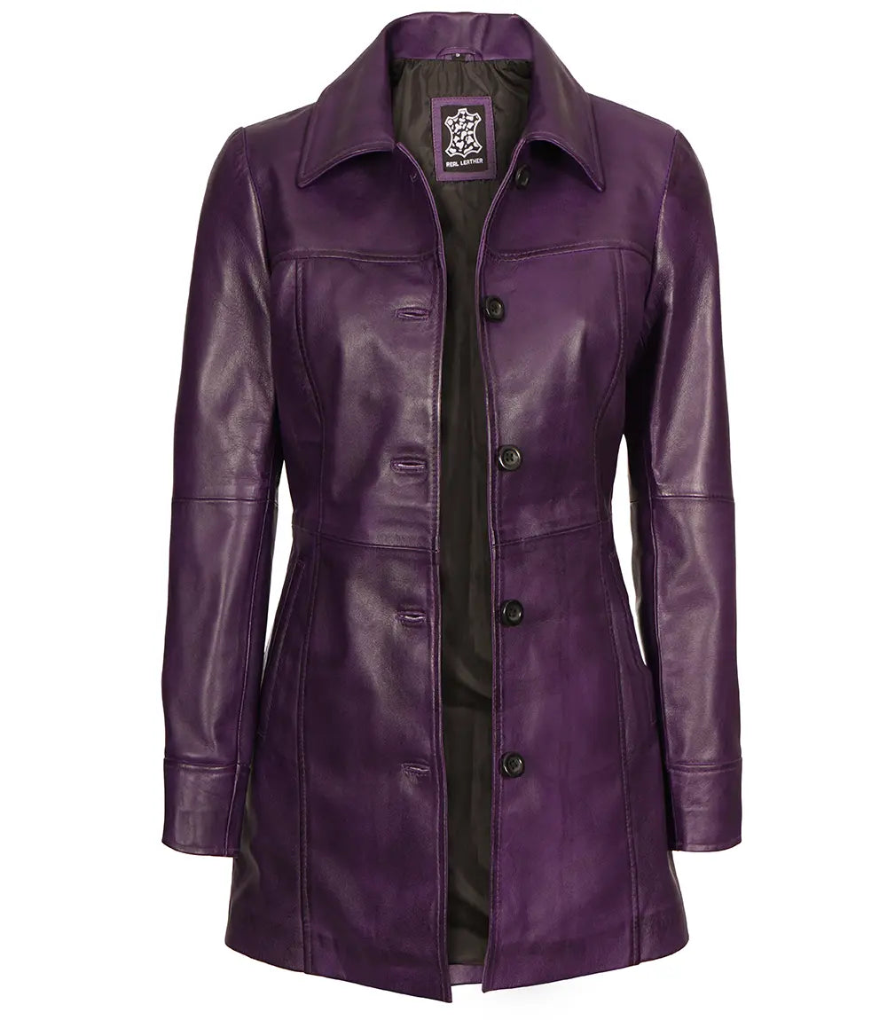 Womens Purple Leather Coat 3 4 Length Car Coat Decrum