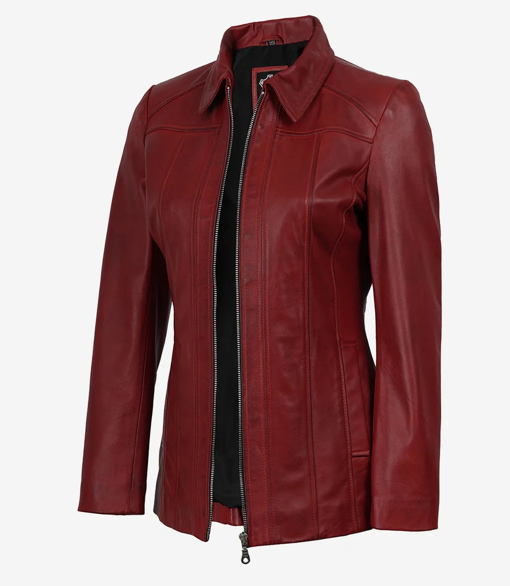 Women's Red Lambskin Leather Car Coat with Shirt Collar - Front