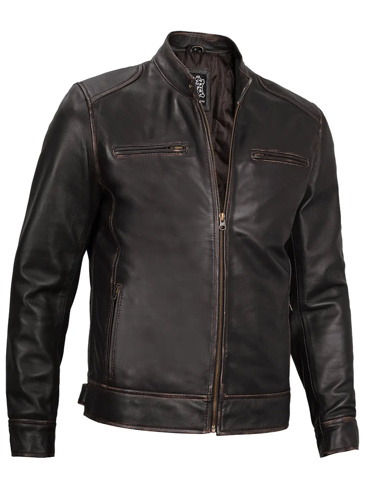 Dodge Mens Rub-off Dark Brown Leather Cafe Racer Jacket - Decrum