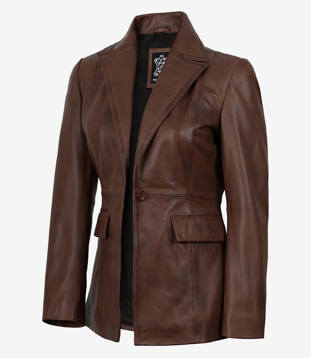 Women's Single-Button Lambskin Leather Blazer Brown Cognac Wax - Front