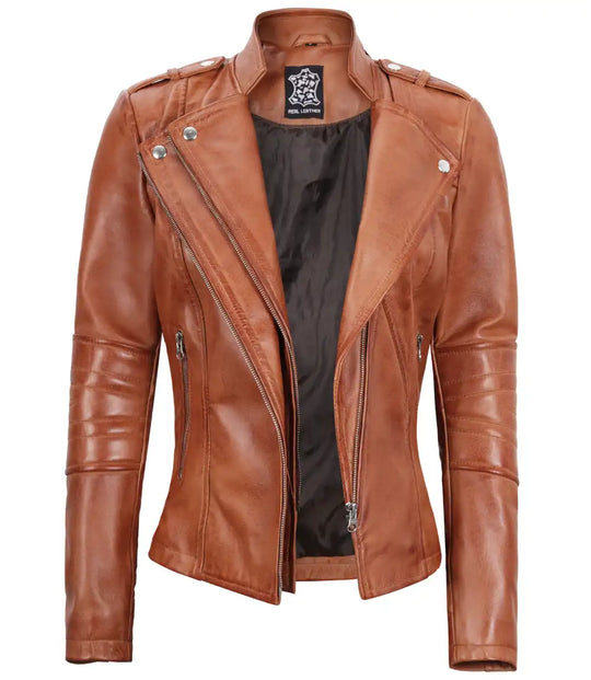 tan women leather biker jacket
