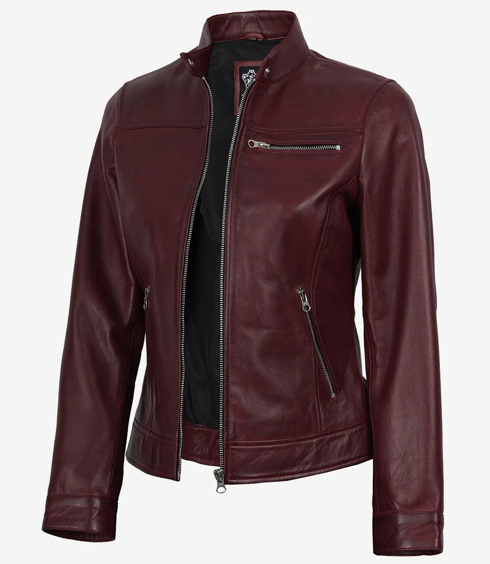 Women's Burgundy Wax Lambskin Cafe Racer Jacket - Front