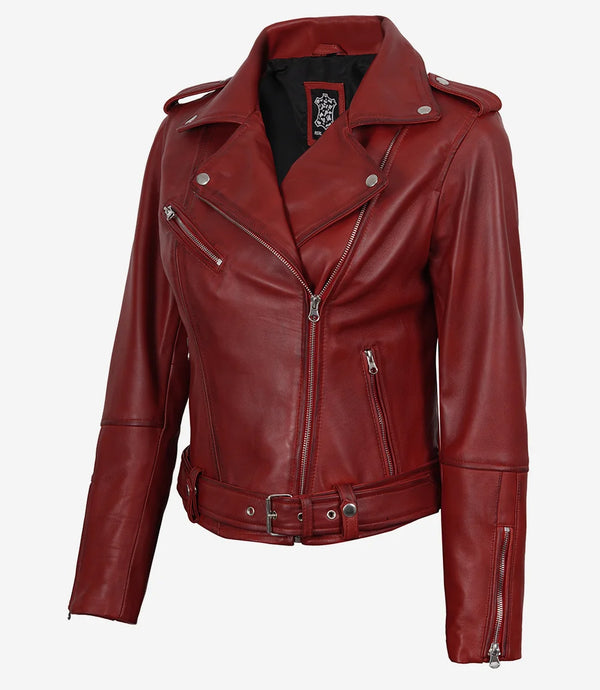 Margaret Women's Red Asymmetrical Biker Style Leather  Jacket