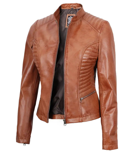 women biker tan leather jacket