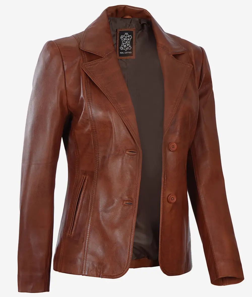 Cognac brown leather blazer