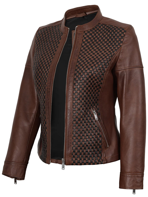 Women Brown Textured Cafe Racer Leather Jacket