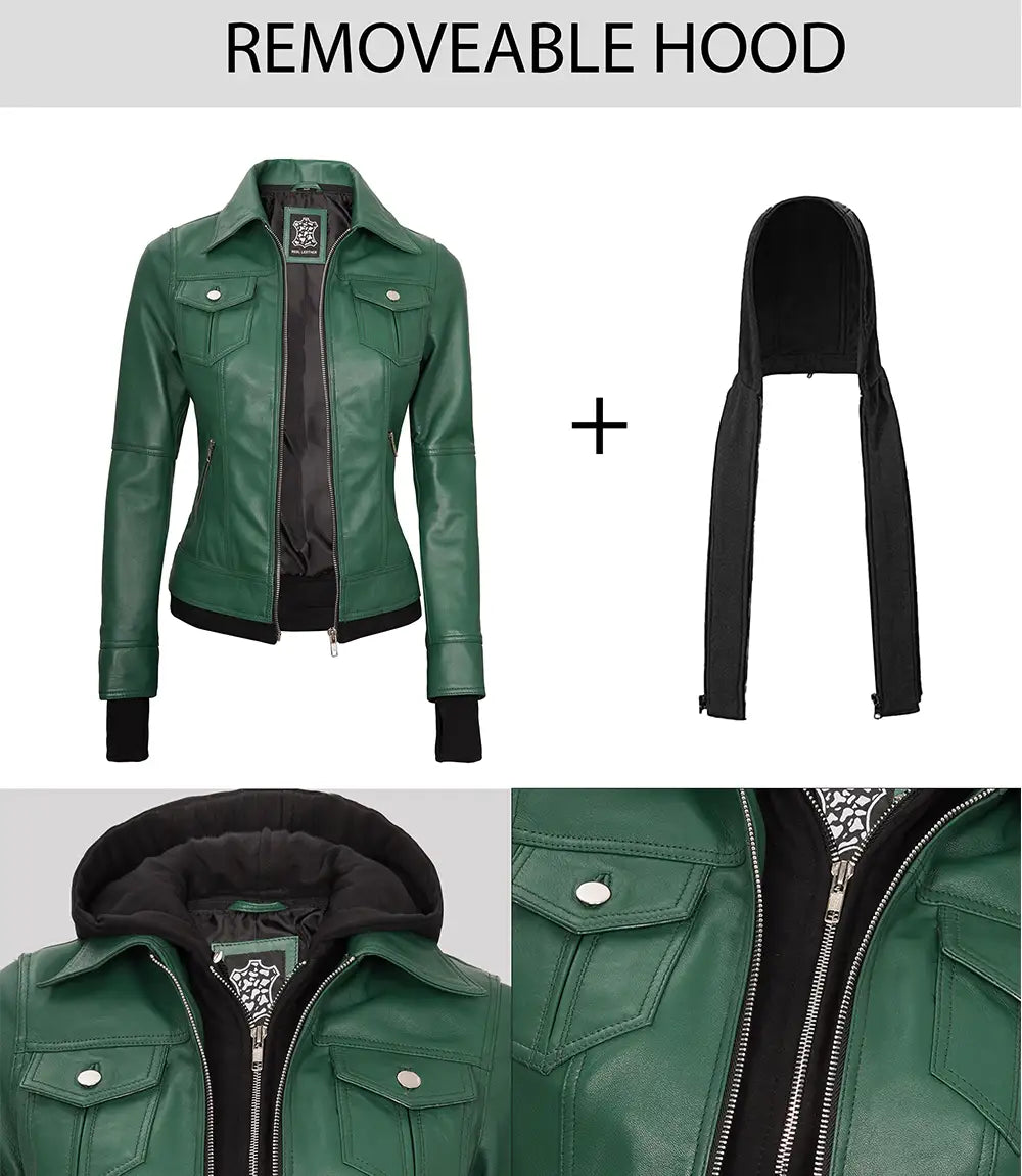 women green hooded leather jacket