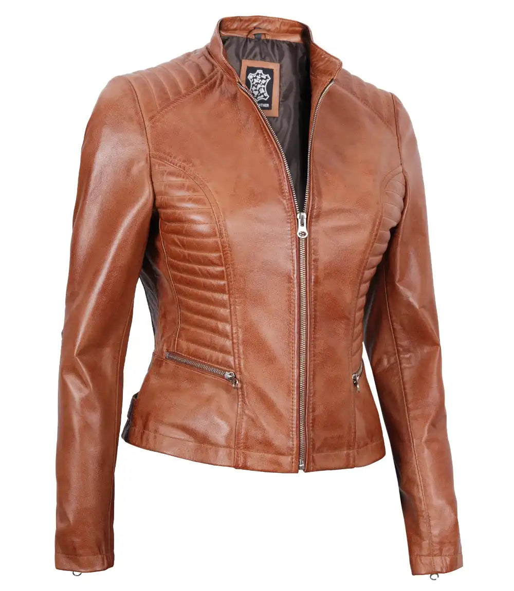 women tan leather biker jacket
