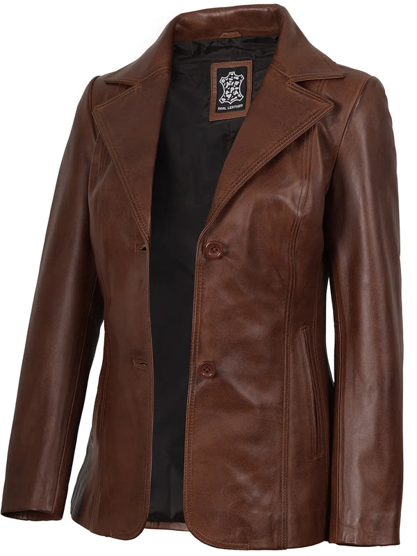 Womens Two Button Cognac Leather Blazer