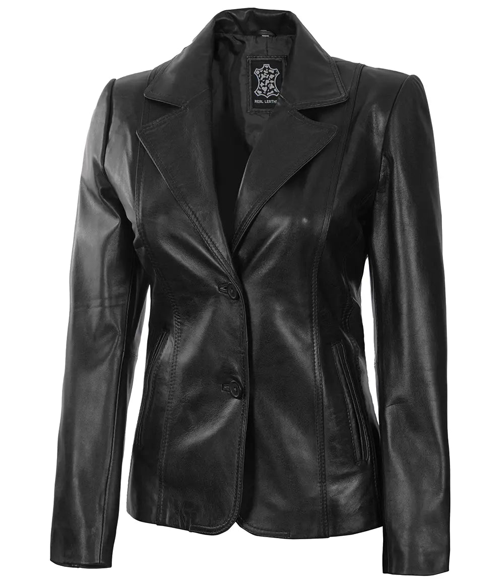 women two button leather blazer