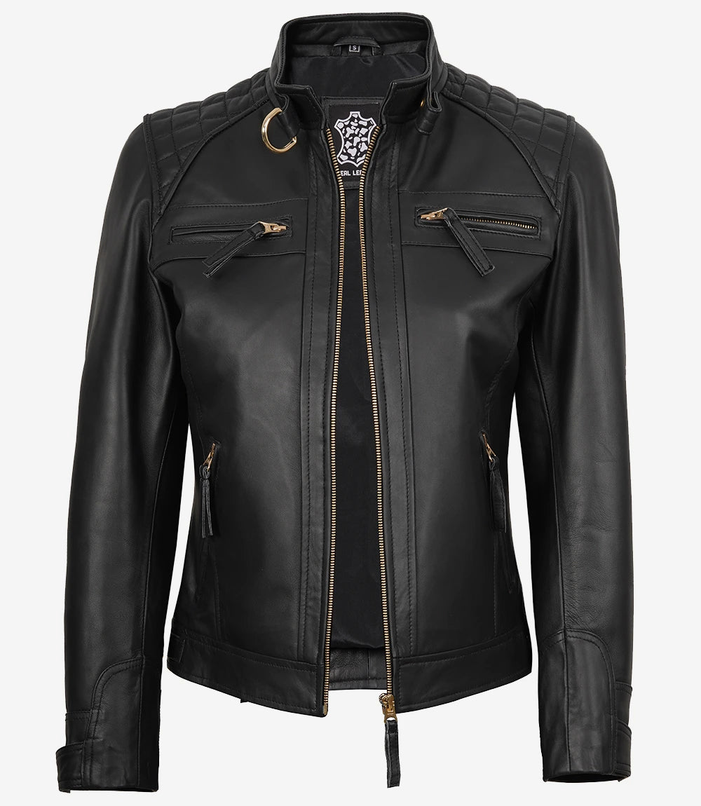 Women's Black Quilted Lambskin Biker Jacket Gold Zippers - Front