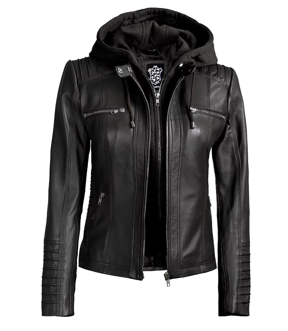 Women's Black Leather Jacket With Removable Hood