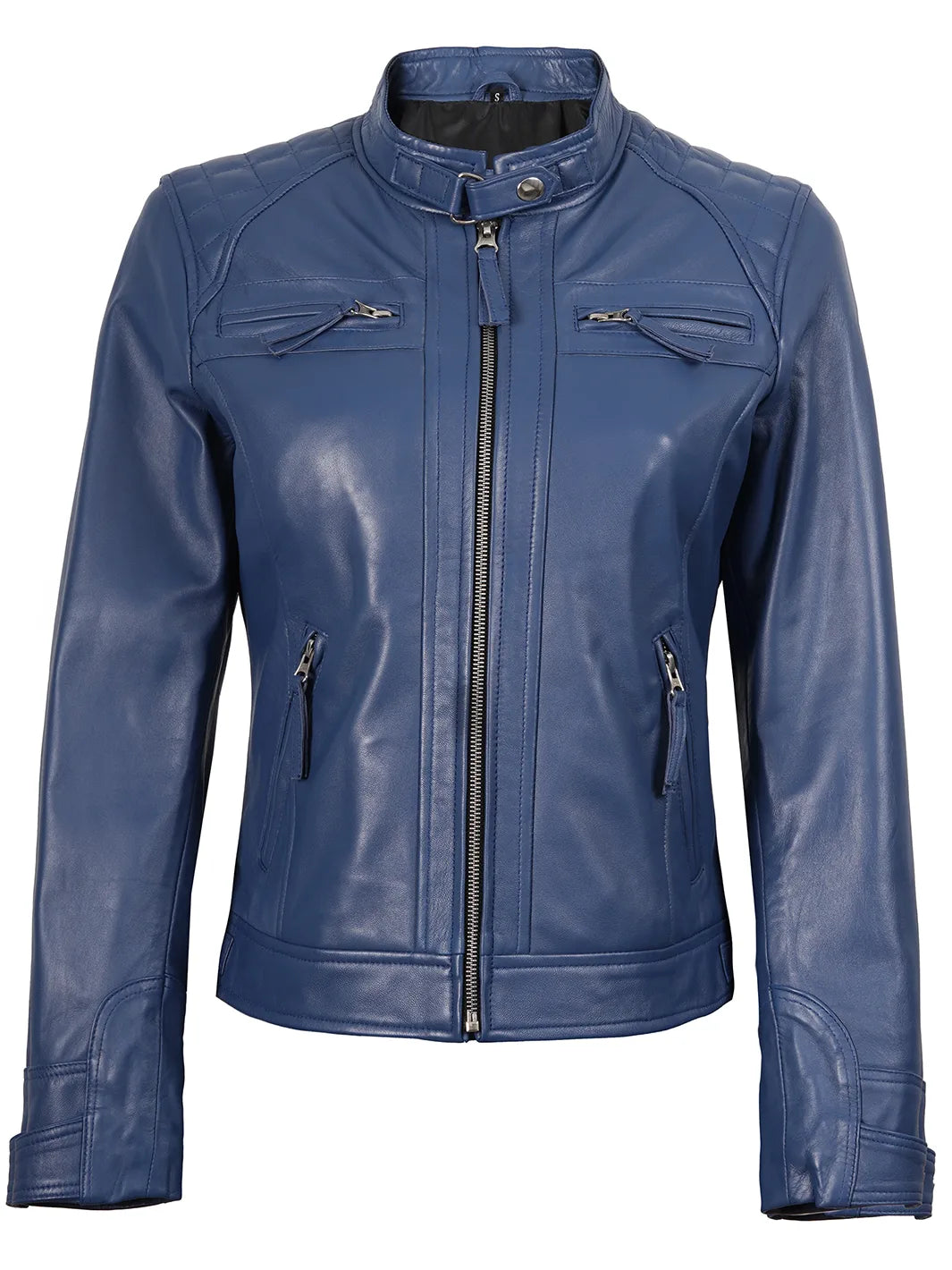 blue biker leather jacket womens 