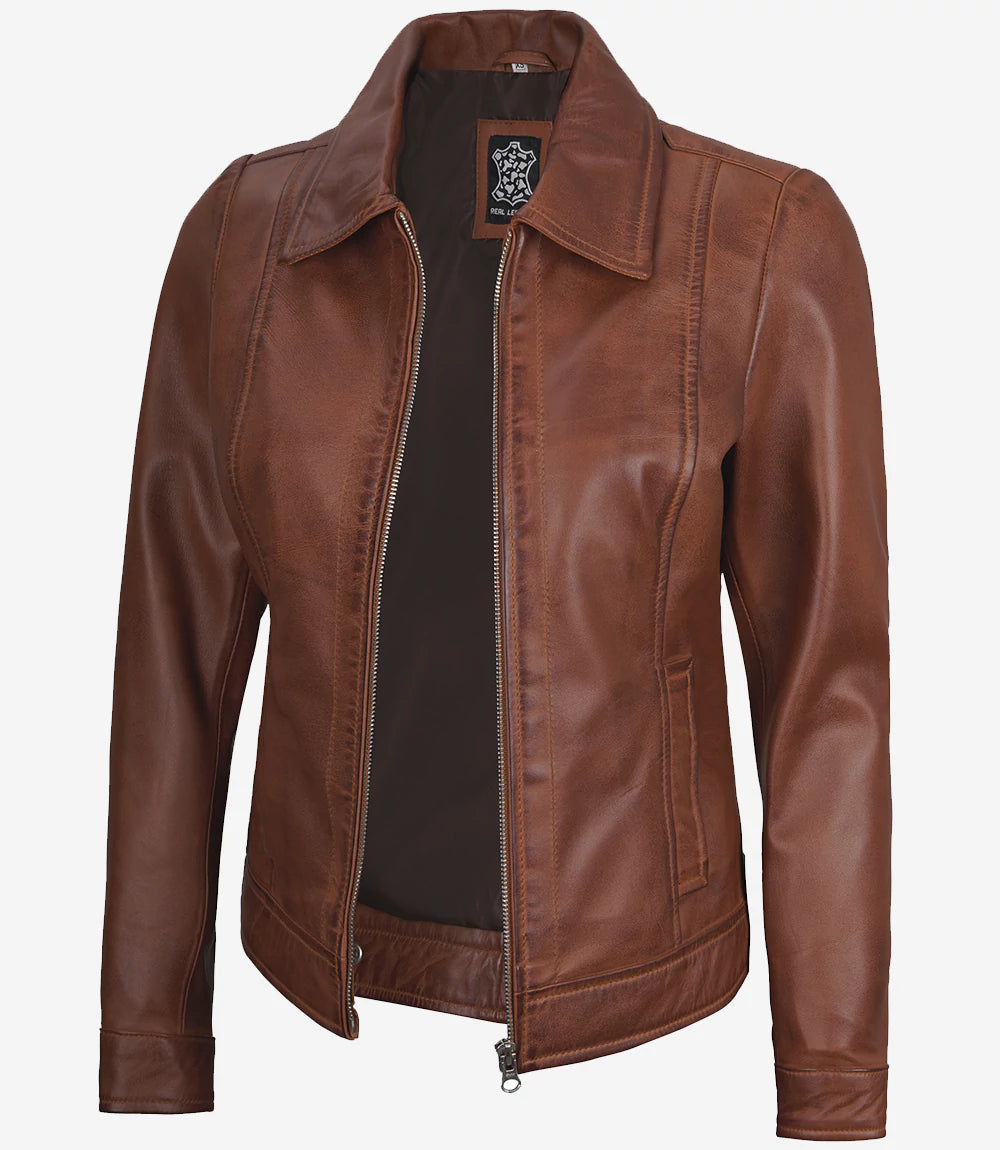 Jose Cognac Wax Harrington Leather Jacket Women