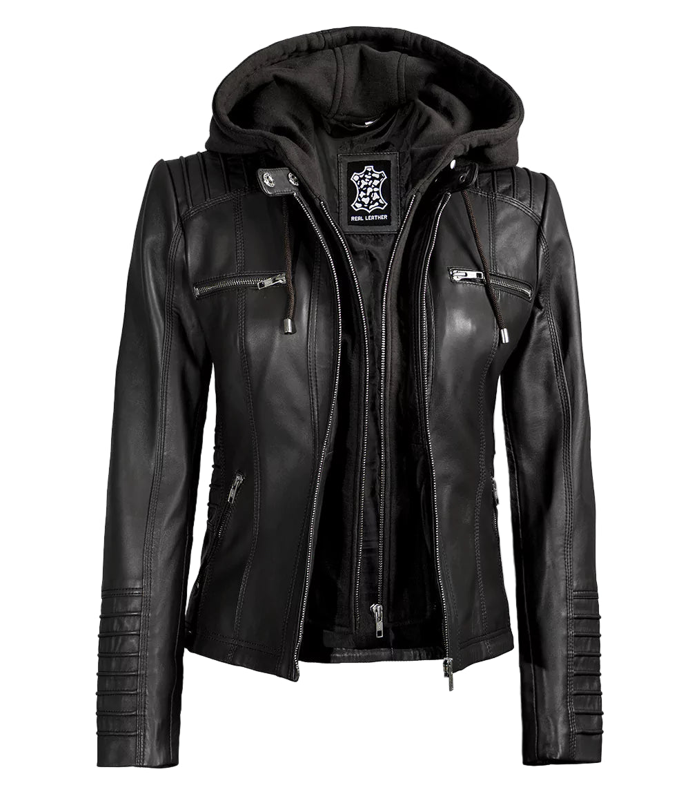 Women's Tall Black Leather Jacket With Removable Hood