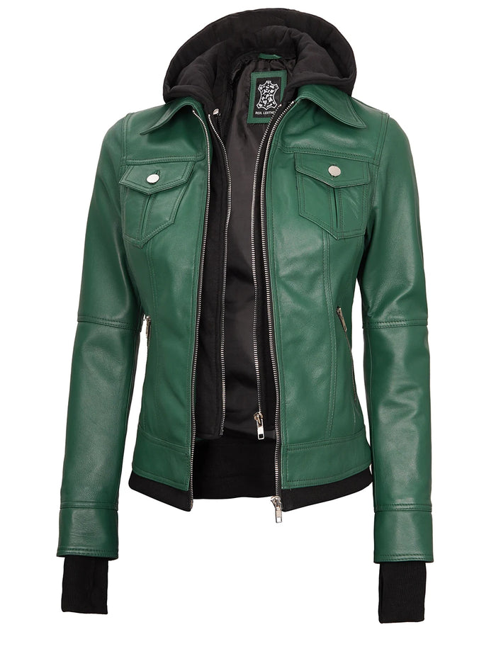 Womens Cognac Bomber Leather Jacket with Removable Hood In United
