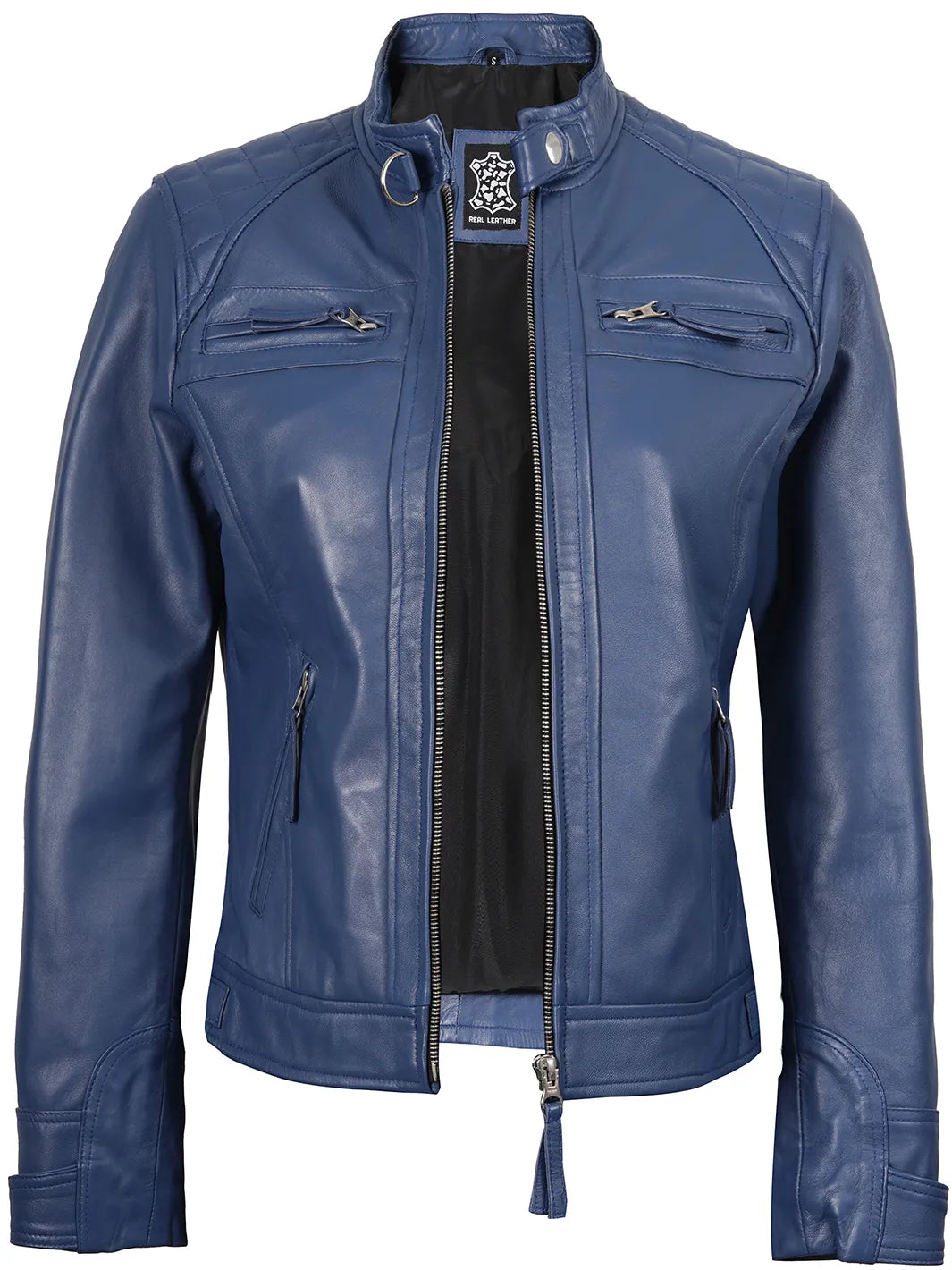 blue leather jacket womens 